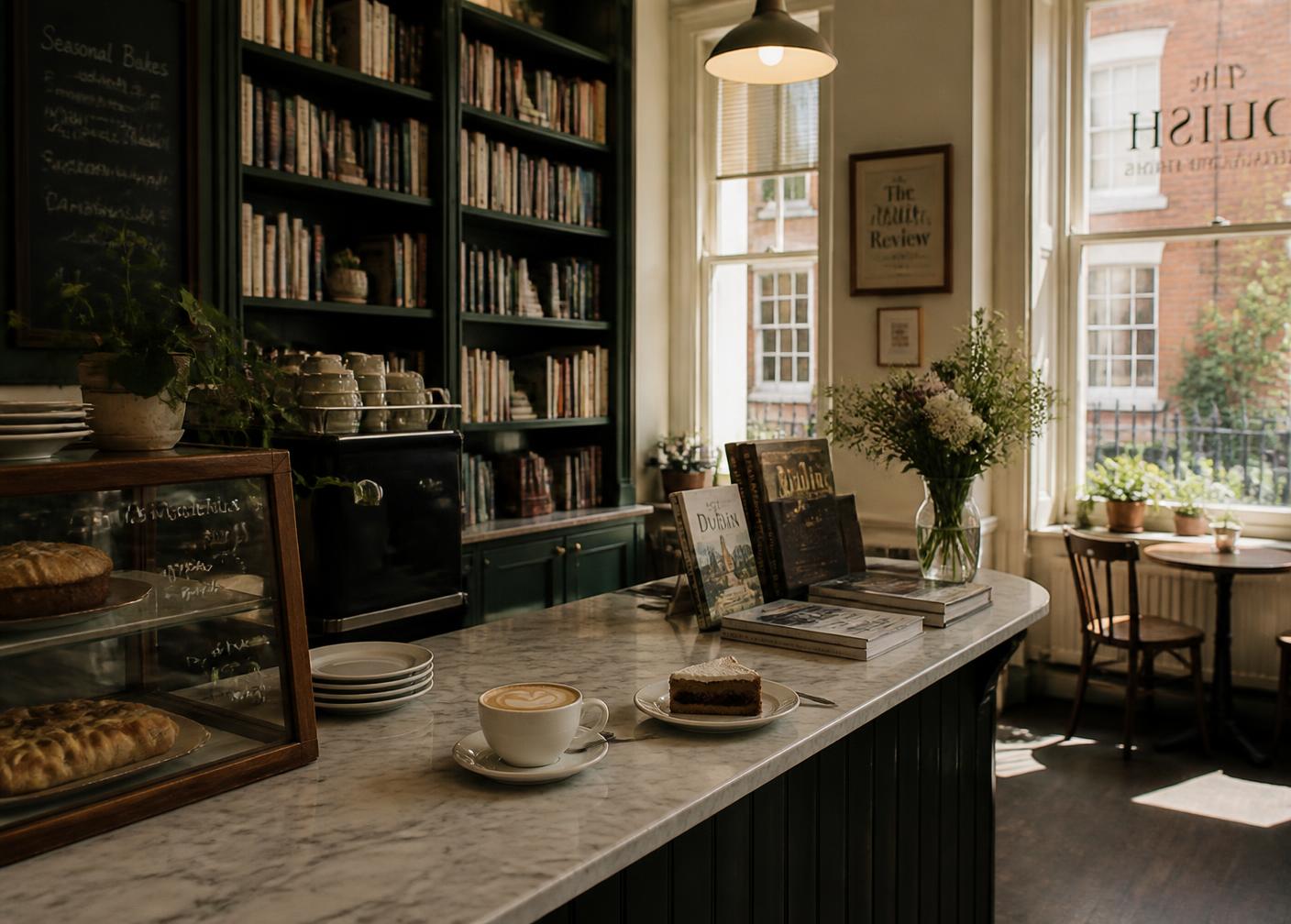 A warm Dublin café and bookshop interior with dark green shelving