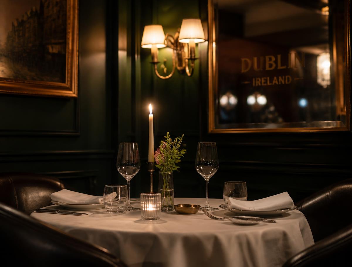 A candlelit dinner table for two in an elegant dark-green Dublin dining room